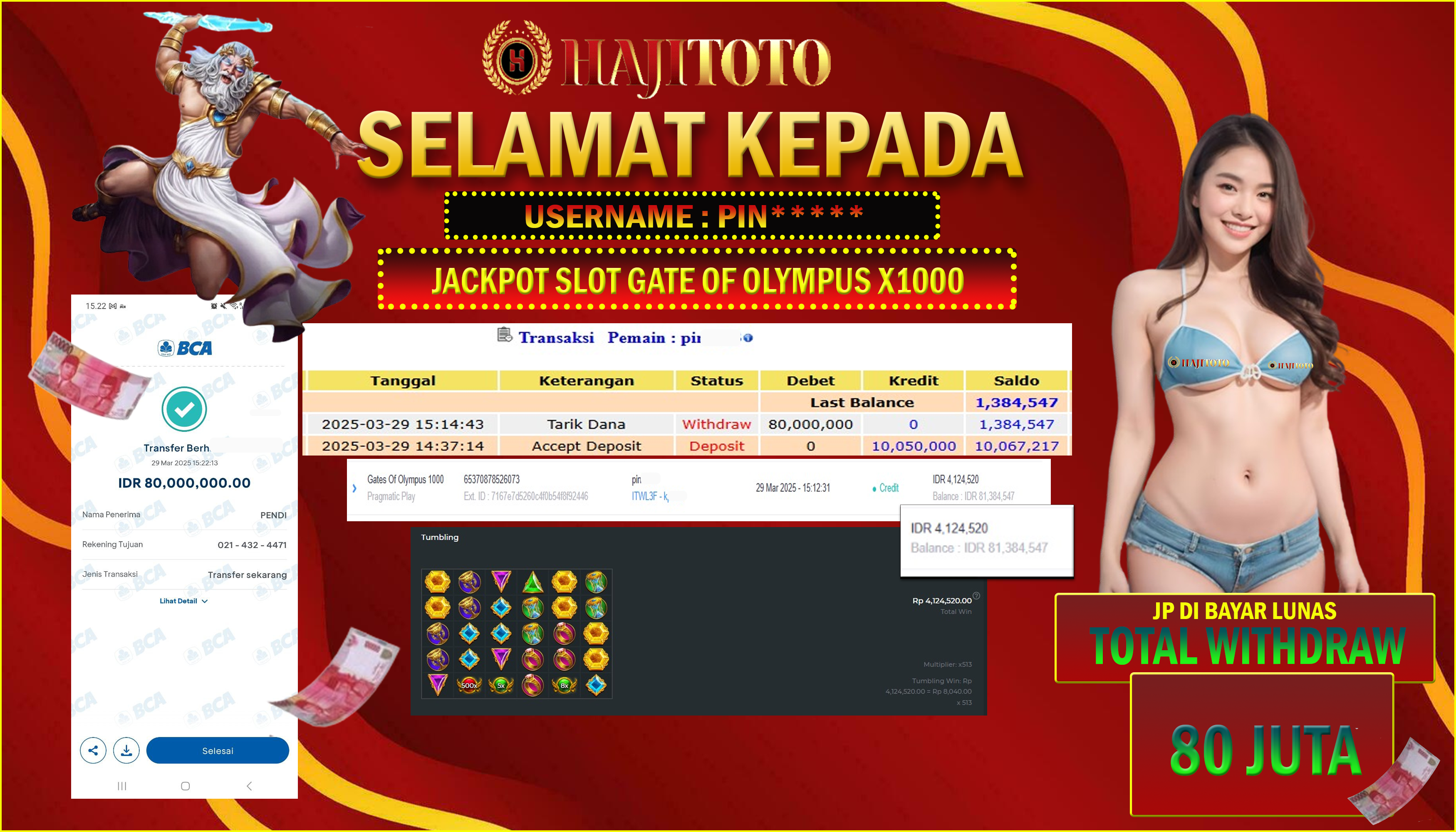 SELAMAT KEPADA PEMENANG MEMBER MERAIH JACKPOT DI GAME SLOT GATE OF OLYMPUS X1000  TOTAL RP 80.000.000 DI BAYAR LUNASS